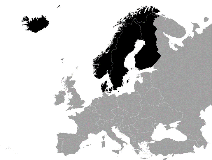 Map of Nordic countries highlighting Sweden, Norway, Denmark, Finland, and Iceland