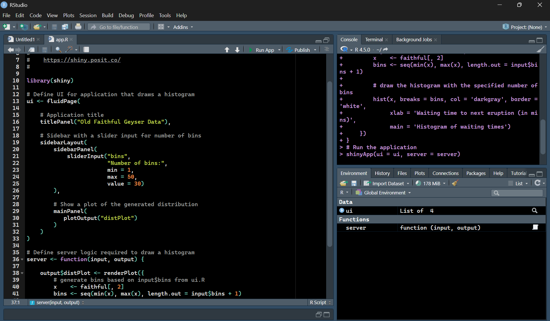 RStudio IDE showing R/Shiny application development with interactive histogram visualization